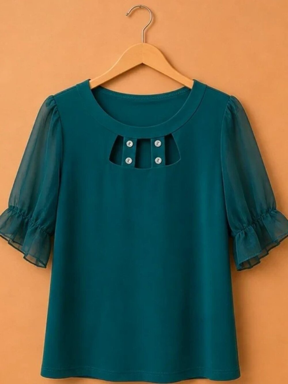 NWT Emerald Green Blouse Size Large Sheer Sleeve Rhinestone Detail Top